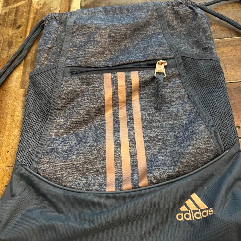 Adidas Kids Gray Heather Rose Gold Sackpack Drawstring Gym Bag Zipper Pocket